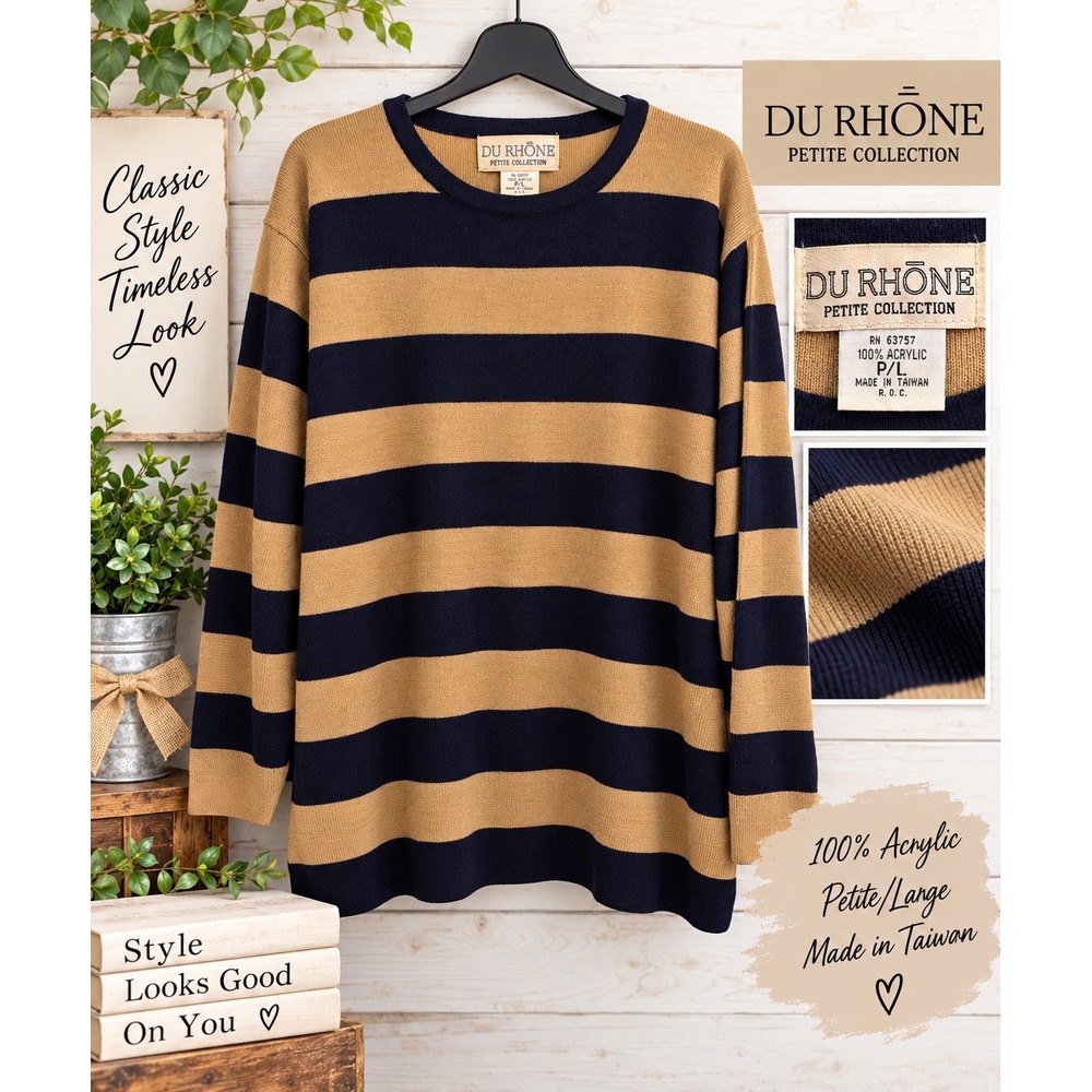 Du Rhone Petite Collection Striped Sweater Navy Tan Acrylic Knit PL L Large
